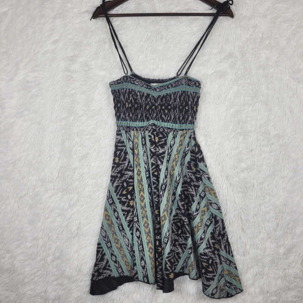 Billabong XS Y2K Vtg Boho Tribal Print Smocked Mini Dress Spaghetti Strap Beachy
